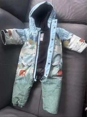 Next Direct Blue & Green Woodland Print Padded Snowsuit